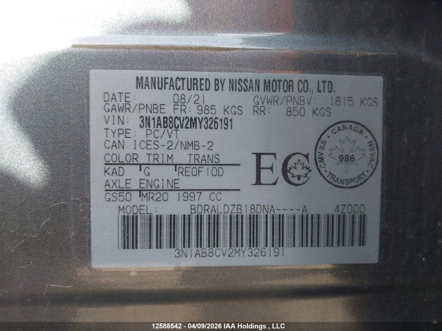 3N1AB8CV2MY326191 Nissan SENTRA SV