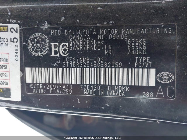 12561250 :رقم المزاد ، 2T1BR32E46C582059 vin ، 2006 Toyota Corolla Ce/le/sport مزاد بيع