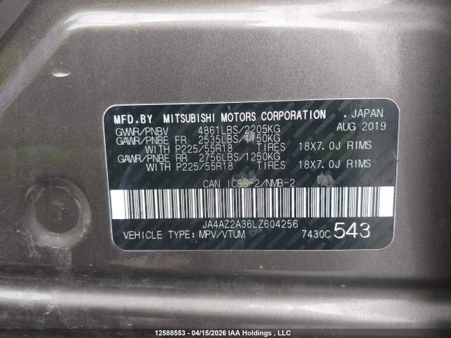 12588553 :رقم المزاد ، JA4AZ2A36LZ604256 vin ، 2020 Mitsubishi Outlander Es/ex/ex-l مزاد بيع