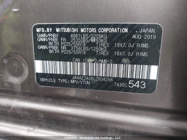 12588553 :رقم المزاد ، JA4AZ2A36LZ604256 vin ، 2020 Mitsubishi Outlander Es/ex/ex-l مزاد بيع