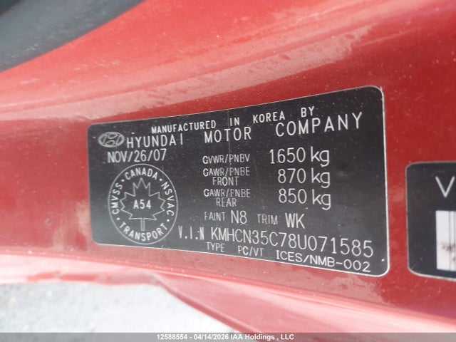 Продаж на аукціоні авто 2008 Hyundai Accent, vin: KMHCN35C78U071585, номер лоту: 12588554