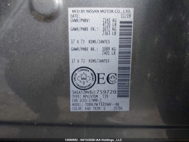 5N1AT2MV8LC759720 Nissan Rogue S/sl/sv