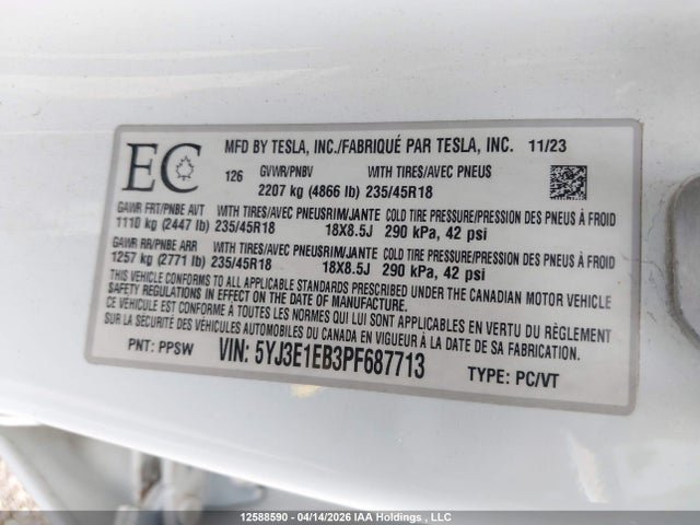 Продаж на аукціоні авто 2023 Tesla Model 3 Long Range, vin: 5YJ3E1EB3PF687713, номер лоту: 12588590