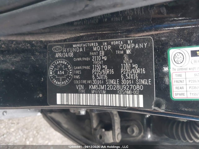 2008 Hyundai Tucson Gl მანქანა იყიდება აუქციონზე, vin: KM8JM12D28U927080, აუქციონის ნომერი: 12588591