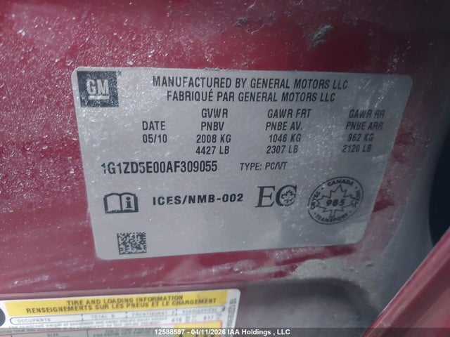 2010 Chevrolet Malibu Lt Platinum Edition მანქანა იყიდება აუქციონზე, vin: 1G1ZD5E00AF309055, აუქციონის ნომერი: 12588597
