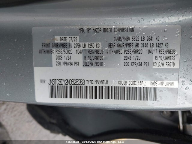 Продажа на аукционе авто 2022 Mazda Cx-9, vin: JM3TCBDY2N0625353, номер лота: 12588598