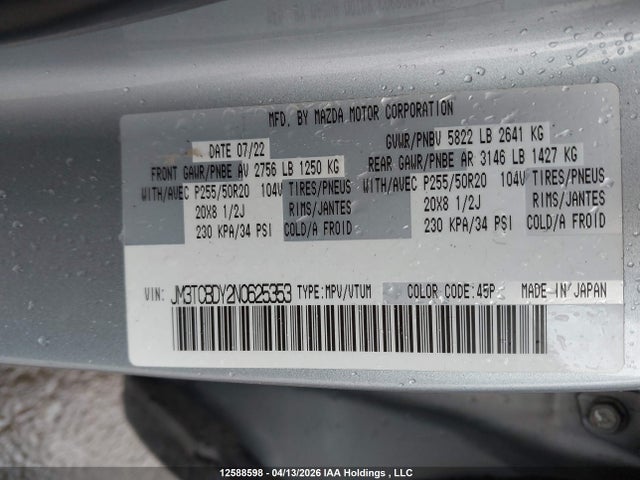 Продажа на аукционе авто 2022 Mazda Cx-9, vin: JM3TCBDY2N0625353, номер лота: 12588598