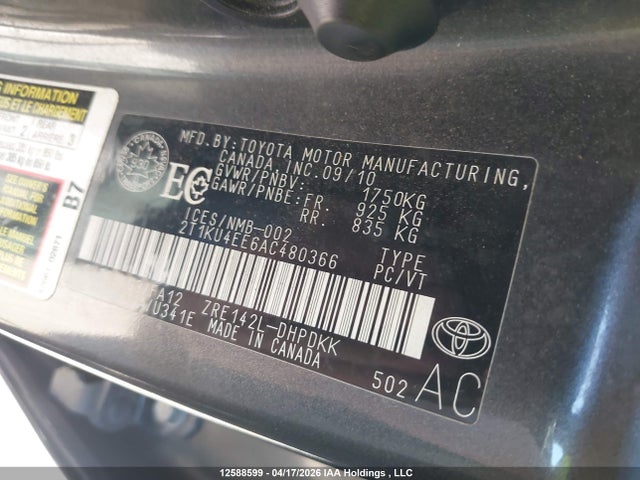12588599 :رقم المزاد ، 2T1KU4EE6AC480366 vin ، 2010 Toyota Corolla Matrix مزاد بيع