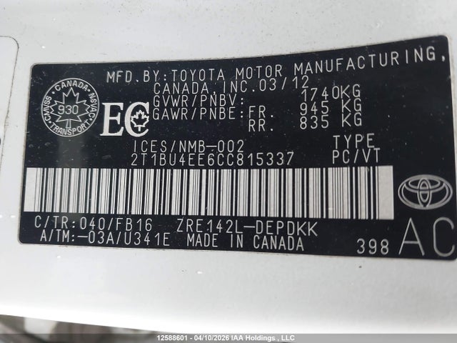 Aukcja sprzedaży 2012 Toyota Corolla Ce, vin: 2T1BU4EE6CC815337, numer aukcji: 12588601