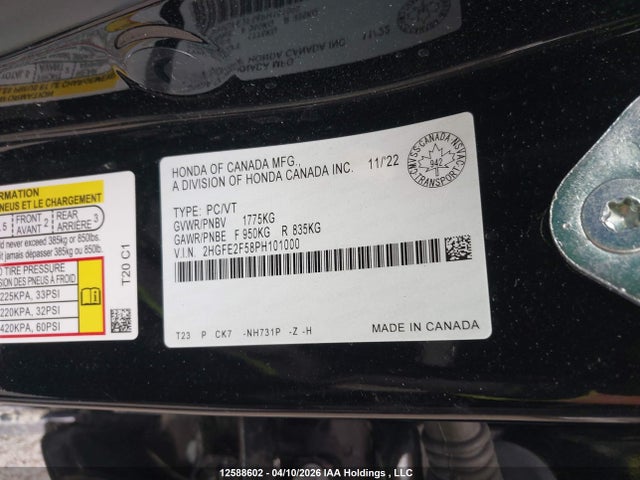 2023 Honda Civic Sport მანქანა იყიდება აუქციონზე, vin: 2HGFE2F58PH101000, აუქციონის ნომერი: 12588602