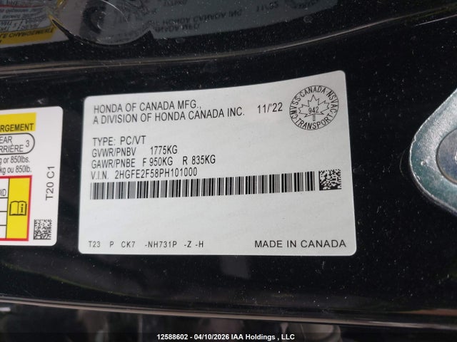 2023 Honda Civic Sport მანქანა იყიდება აუქციონზე, vin: 2HGFE2F58PH101000, აუქციონის ნომერი: 12588602