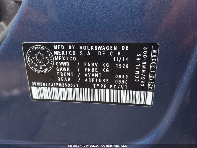 Продажа на аукционе авто 2015 Volkswagen Jetta 1.8 Tsi Comfortline/1.8 Tsi Trendline+, vin: 3VWB07AJ9FM259551, номер лота: 12588607