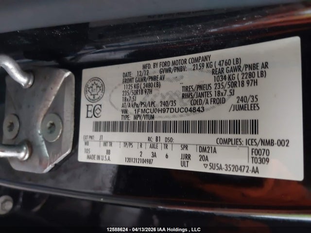 Продаж на аукціоні авто 2013 Ford Escape Sel, vin: 1FMCU0H97DUC04843, номер лоту: 12588624