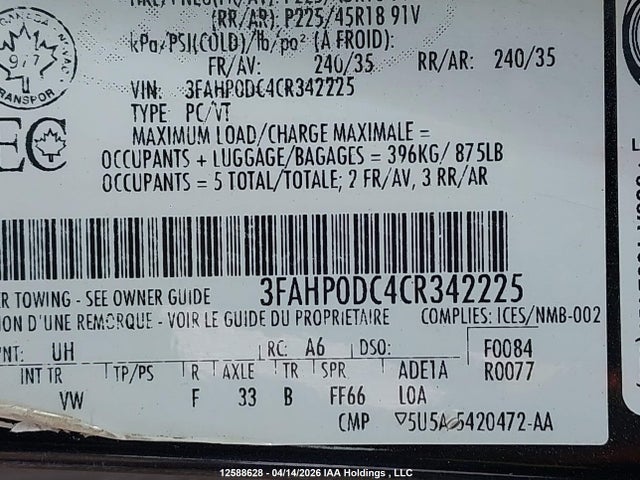 Продажа на аукционе авто 2012 Ford Fusion Sport, vin: 3FAHP0DC4CR342225, номер лота: 12588628