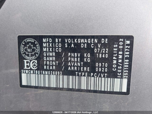 Aukcja sprzedaży 2022 Volkswagen Jetta S, vin: 3VWCM7BU1NM026893, numer aukcji: 12588635