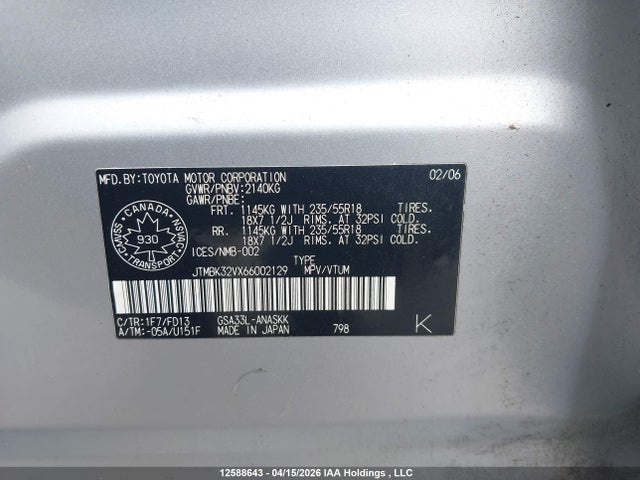 2006 Toyota Rav4 Sport მანქანა იყიდება აუქციონზე, vin: JTMBK32VX66002129, აუქციონის ნომერი: 12588643