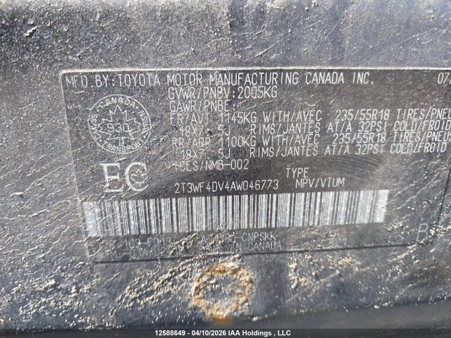 2010 Toyota Rav4 მანქანა იყიდება აუქციონზე, vin: 2T3WF4DV4AW046773, აუქციონის ნომერი: 12588649