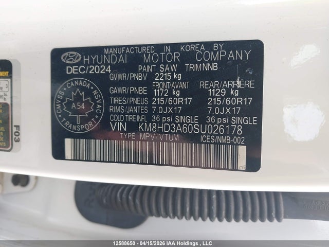 Aukcja sprzedaży 2025 Hyundai Kona Preferred, vin: KM8HD3A60SU026178, numer aukcji: 12588650