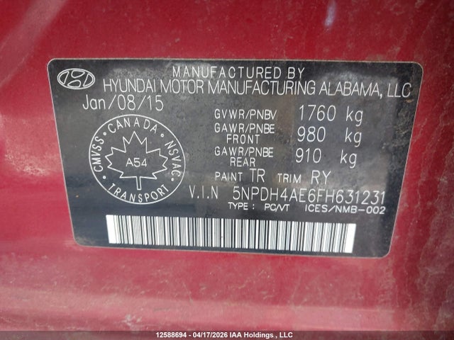 Продаж на аукціоні авто 2015 Hyundai Elantra, vin: 5NPDH4AE6FH631231, номер лоту: 12588694