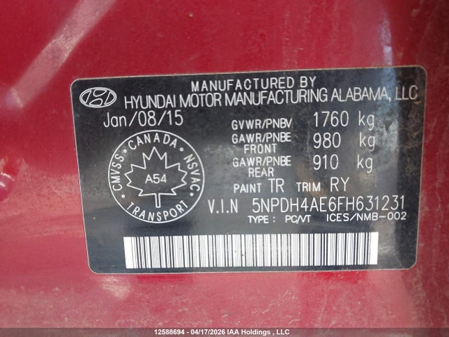 Продаж на аукціоні авто 2015 Hyundai Elantra, vin: 5NPDH4AE6FH631231, номер лоту: 12588694