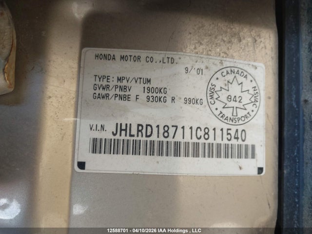 Aukcja sprzedaży 2001 Honda Cr-v Se/le, vin: JHLRD18711C811540, numer aukcji: 12588701