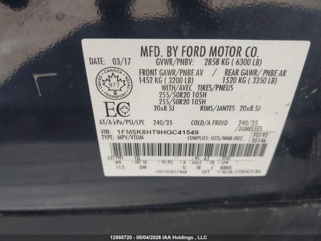 12588720 :رقم المزاد ، 1FM5K8HT9HGC41549 vin ، 2017 Ford Explorer Platinum مزاد بيع