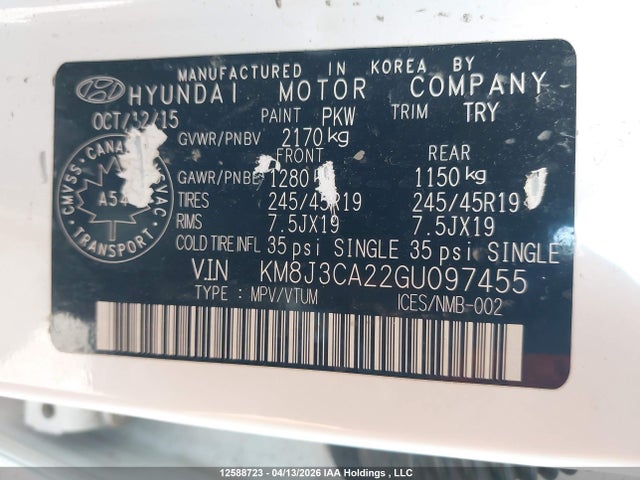 12588723 :رقم المزاد ، KM8J3CA22GU097455 vin ، 2016 Hyundai Tucson Premium 1.6 مزاد بيع