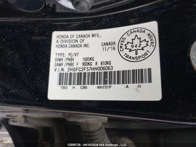 Aukcja sprzedaży 2017 Honda Civic Lx, vin: 2HGFC2F57HH006063, numer aukcji: 12588728
