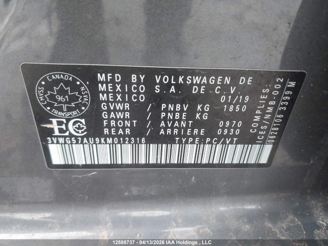 3VWG57AU9KM012316 Volkswagen Golf 1.4 Tsi Comfortline/1.4 Tsi Execline/1.4 Tsi Highline