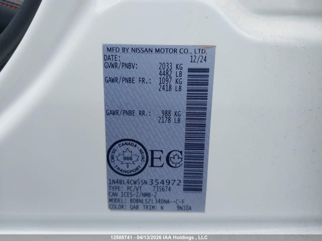 12588741 :رقم المزاد ، 1N4BL4CW5SN354972 vin ، 2025 Nissan Altima Sr مزاد بيع