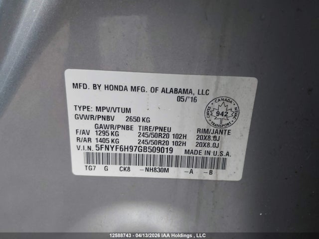 5FNYF6H97GB509019 Honda Pilot Touring