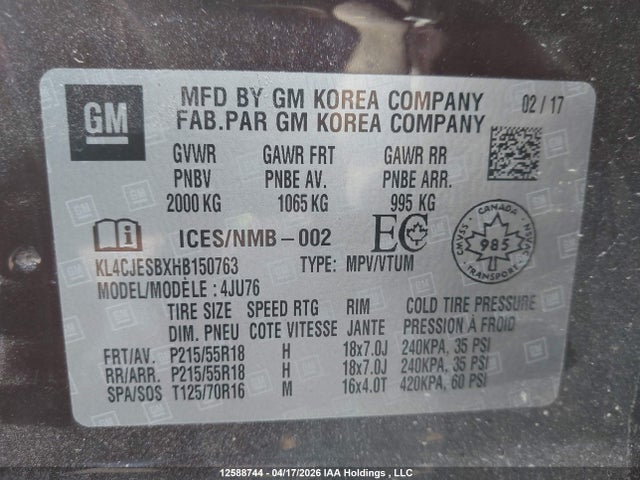 Auction sale of the 2017 Buick Encore Preferred, vin: KL4CJESBXHB150763, lot number: 12588744