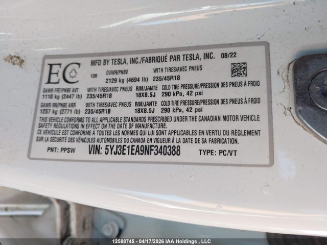 12588745 :رقم المزاد ، 5YJ3E1EA9NF340388 vin ، 2022 Tesla Model 3 Rwd/standard Range مزاد بيع