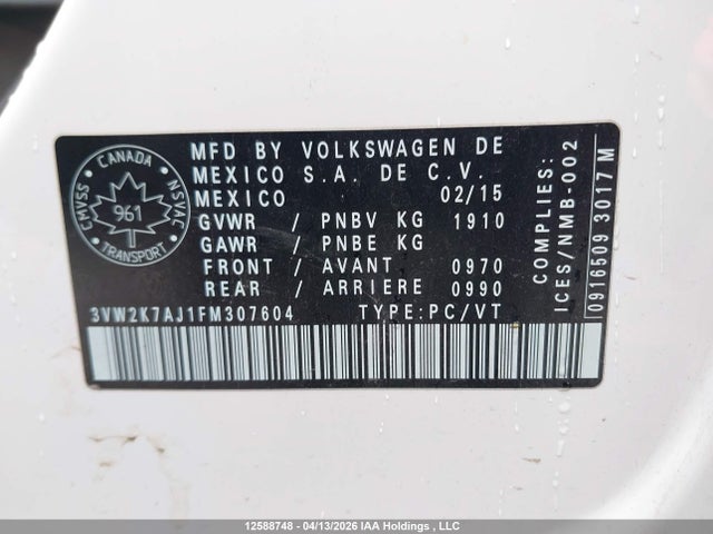 Aukcja sprzedaży 2015 Volkswagen Jetta, vin: 3VW2K7AJ1FM307604, numer aukcji: 12588748