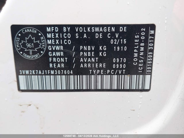 Aukcja sprzedaży 2015 Volkswagen Jetta, vin: 3VW2K7AJ1FM307604, numer aukcji: 12588748
