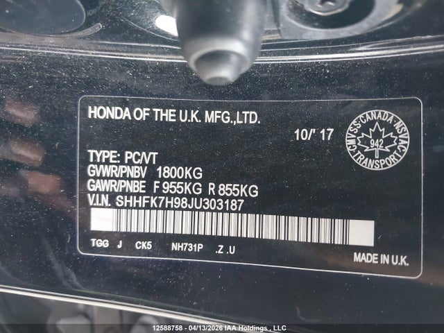 SHHFK7H98JU303187 Honda Civic Sport Touring