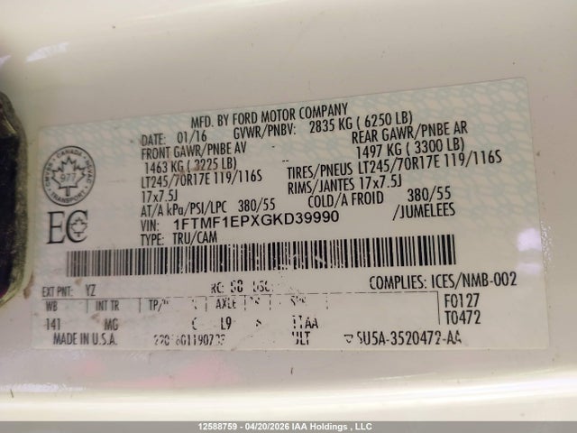 Продаж на аукціоні авто 2016 Ford F150, vin: 1FTMF1EPXGKD39990, номер лоту: 12588759