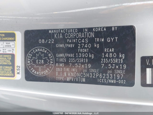 2023 Kia Carnival Ex/ex+ მანქანა იყიდება აუქციონზე, vin: KNDNC5H32P6233197, აუქციონის ნომერი: 12588765