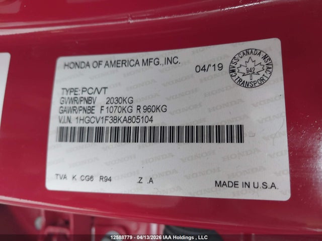 1HGCV1F38KA805104 Honda Accord Sport 1.5t