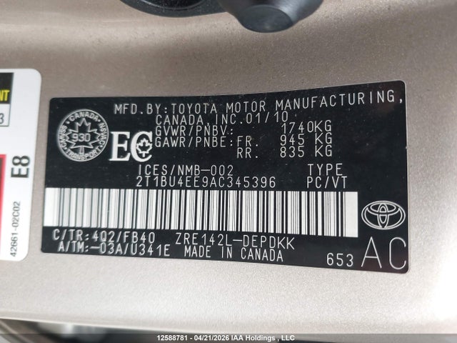 12588781 :رقم المزاد ، 2T1BU4EE9AC345396 vin ، 2010 Toyota Corolla Ce مزاد بيع