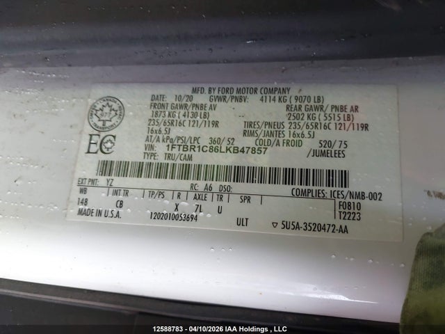 Продажа на аукционе авто 2020 Ford Transit T-250, vin: 1FTBR1C86LKB47857, номер лота: 12588783