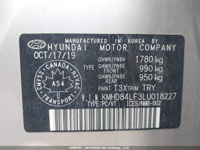 Продаж на аукціоні авто 2020 Hyundai Elantra Sel/value/limited, vin: KMHD84LF3LU018227, номер лоту: 12588791