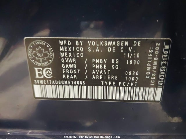 3VWC17AU6GM514685 Volkswagen Golf Sportwagon 1.8 Tsi Comfortline/1.8 Tsi Highline/1.8 Tsi Trendline