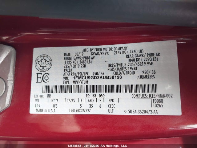 2019 Ford Escape Se მანქანა იყიდება აუქციონზე, vin: 1FMCU9GD3KUB38198, აუქციონის ნომერი: 12588812