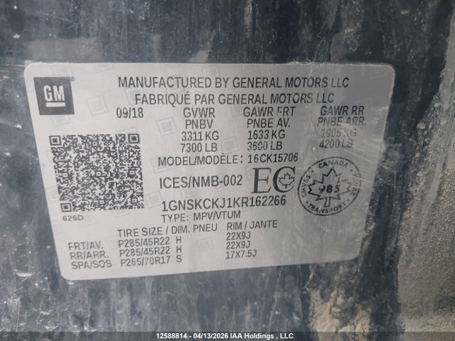 1GNSKCKJ1KR162266 Chevrolet Tahoe Premier