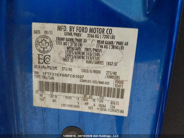 Продажа на аукционе авто 2011 Ford F-150 Xlt, vin: 1FTFX1EF6BFC61027, номер лота: 12588816