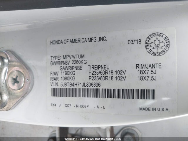 5J8TB4H71JL806396 Acura Rdx Elite