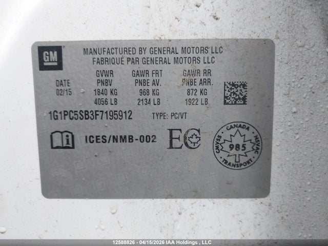 2015 Chevrolet Cruze მანქანა იყიდება აუქციონზე, vin: 1G1PC5SB3F7195912, აუქციონის ნომერი: 12588826