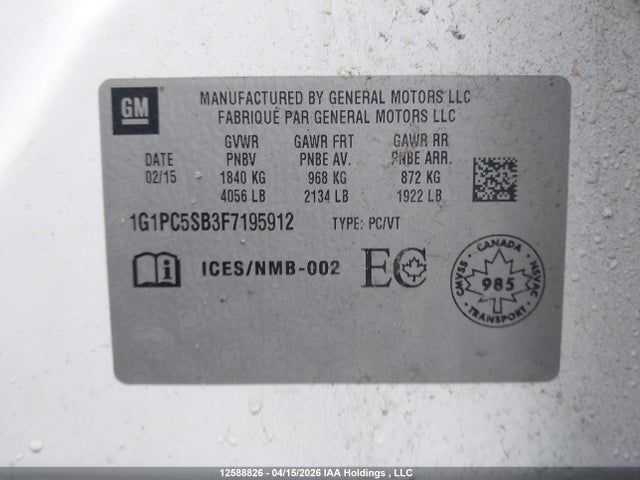 2015 Chevrolet Cruze მანქანა იყიდება აუქციონზე, vin: 1G1PC5SB3F7195912, აუქციონის ნომერი: 12588826