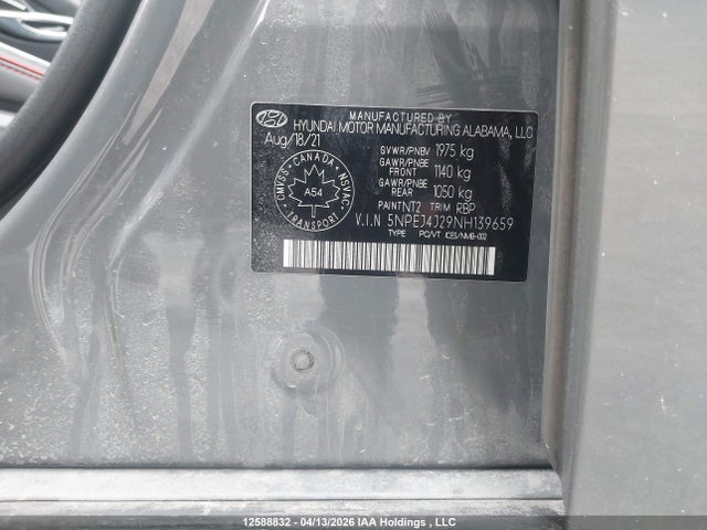 5NPEJ4J29NH139659 Hyundai Sonata Sel Plus
